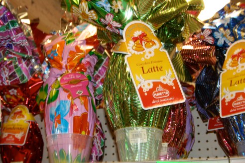 These giant Italian Easter treats reminded me of an Irish tradition I had forgotten.  Instead of assembling Easter baskets from random components, the Irish Easter Bunny gives kids an "Easter Egg."  It looks kind of like this but is usually composed of a big brightly colored box full of the child's favorite variety of chocolate.  So Cadbury's or Malteasers or Aero or Bounty.  Pretty easy for the Easter Bunny, and for the child, you don't miss a basket if never had one.