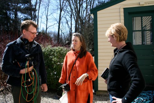 Post-interview chat with Jesse, our video producer.  Note the trash cans just between Jesse and Jane.  What a good sport she was.