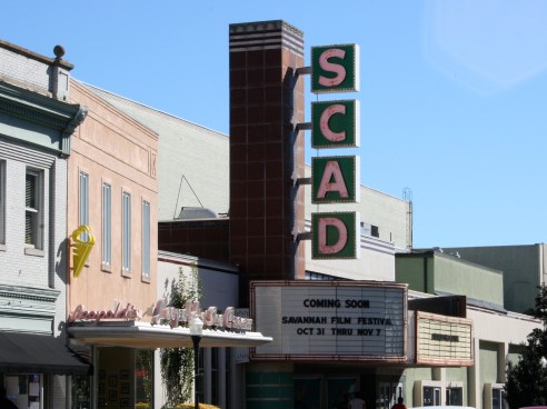 The school has a very sophisticated and controlled visual identity in most communications, but it breaks all the rules when it comes to exterior building signage.  It creates whatever signage is appropriate to the period of the building.  This is a newly renovated theater.