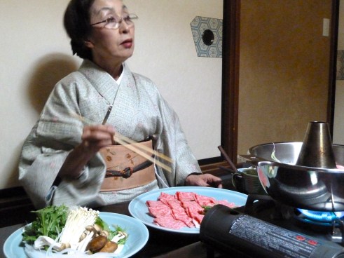 Gray's second night savior:  shabu-shabu.  It's kind of a raclette or fondue procedure with a boiling broth, vegetables, and beef.  It was delicious.  Gray used his Google translate app to ask to have the same dinner the next night.  Our mother was surprised, pleased, and discombobulated because we were slated for a whole new tantalizing array of Japanese dishes.  She went and consulted with  the rest of the staff (I guess) and they agreed to let Gray live one more day.  
